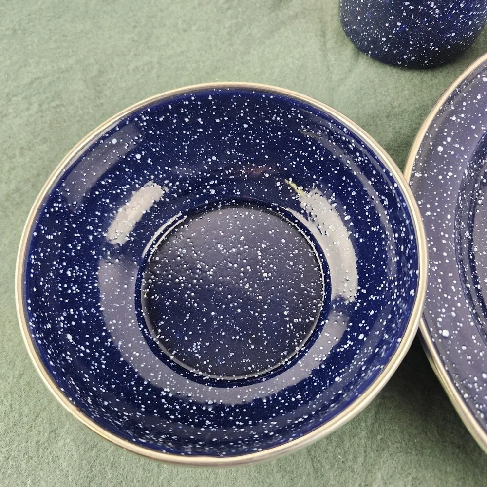 Vtg Dinnerware Set Includes 1 Cup 1 Bowl 1 Plate Enamelware Blue Camping Coleman